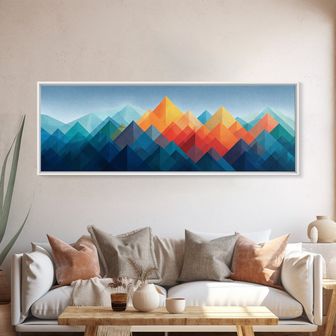 Blue Orange Faceted Mountain Range Framed Canvas Print, Mid Century Modern Abstract Art, Geometric Wall Decor Poster For Living Room