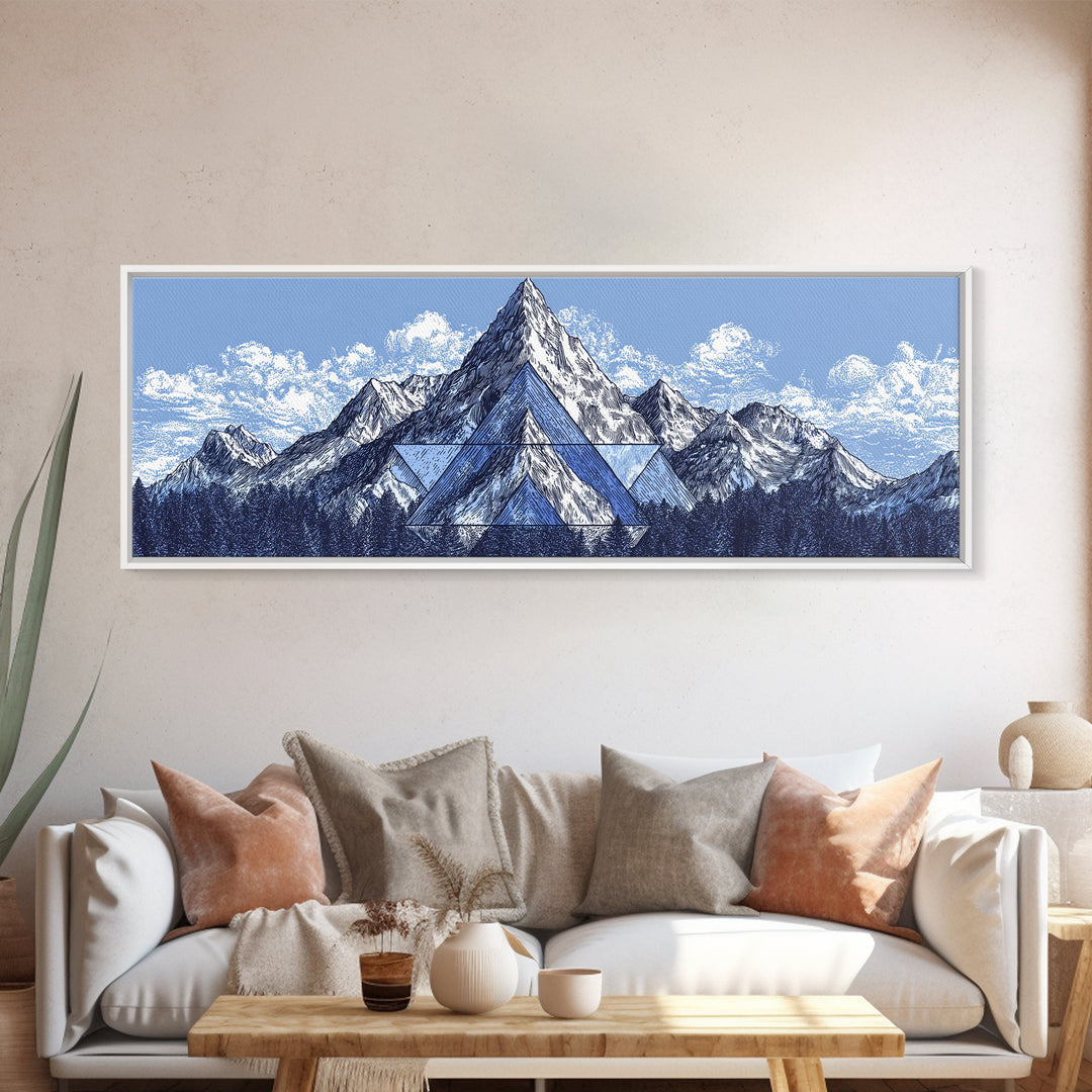 Snowy Alpine Mountain Sketch Wall Art, Blue White Landscape Print, Modern Geometric Poster, Office And Living Room Decor