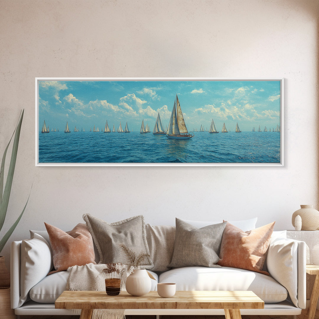 Impressionist Sailboat Fleet Canvas Print, Coastal Wall Art, Blue Ocean Landscape Poster, Nautical Decor For Living Room