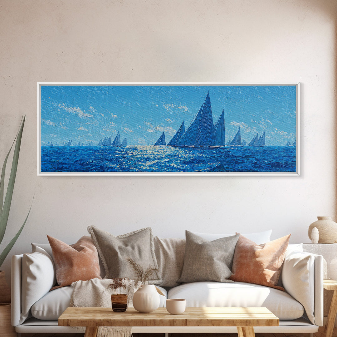 Deep Blue Sailboat Horizon Framed Canvas Print, Coastal Wall Art, Nautical Ocean Decor, Modern Landscape Poster For Office
