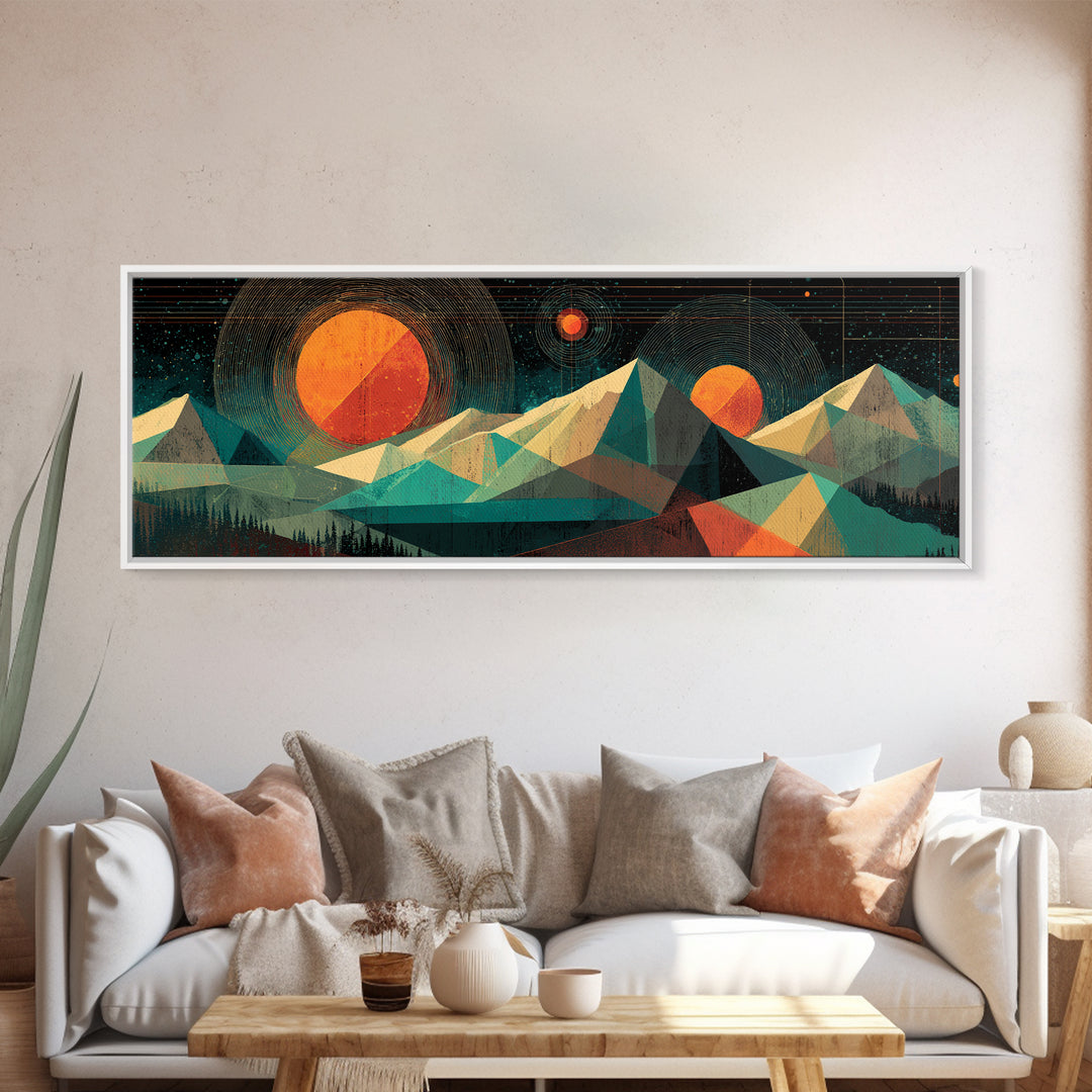 Geometric Mountain Suns Framed Canvas Print, Midcentury Modern Wall Art, Teal Orange Abstract Decor, Retro Landscape Poster