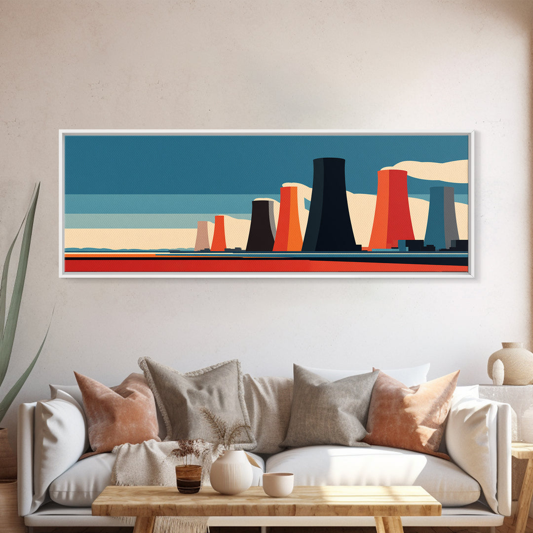 Retro Nuclear Cooling Towers At Desert Horizon Wall Art, Midcentury Modern Industrial Landscape, Bold Orange Blue MCM Decor