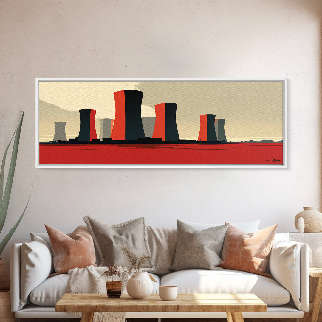 Minimal Cooling Towers On Red Plain Canvas Print, Midcentury Modern Industrial Landscape, Atomic Power Plant Wall Decor Art