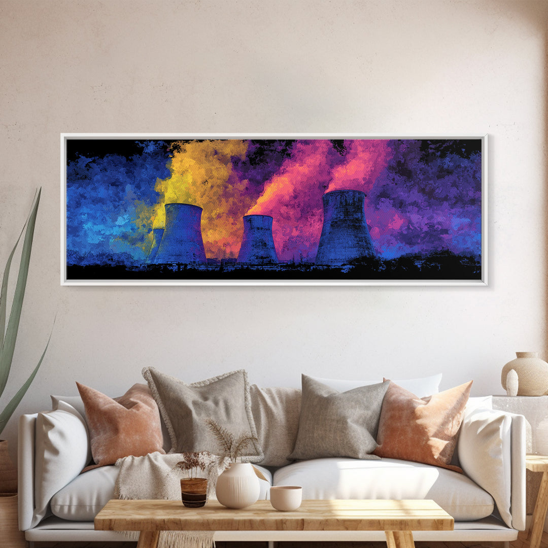 Blue Nuclear Towers With Neon Smoke Framed Canvas Print, Retro Sci Fi Industrial Wall Art, Colorful Modern Abstract Decor