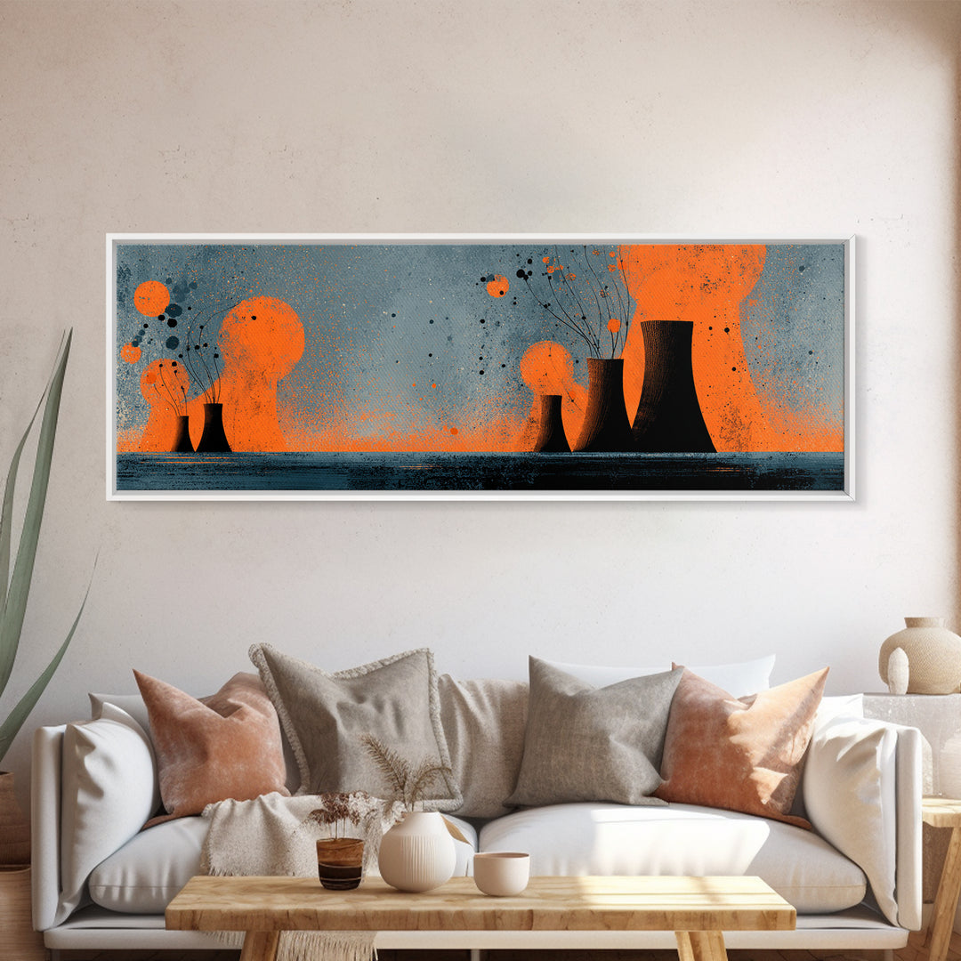 Orange Atomic Cooling Towers At Dusk Wall Art, Midcentury Modern Industrial Landscape, Retro Abstract Power Plant Decor Print