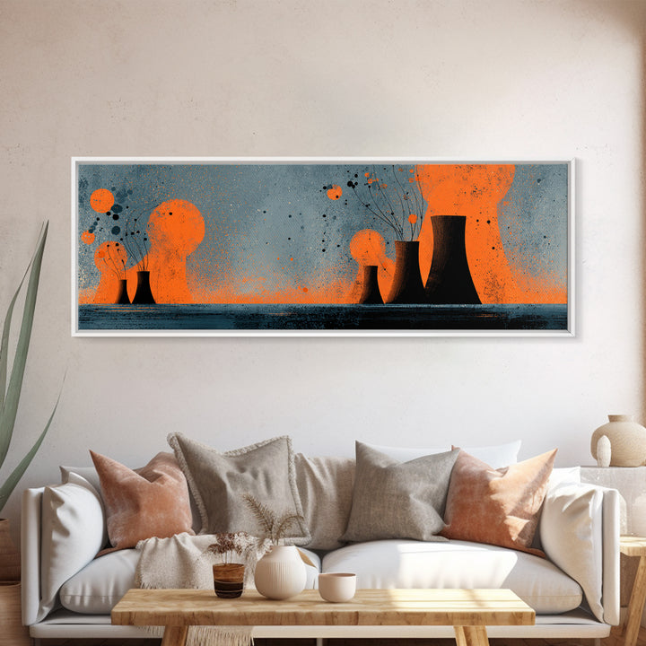 Orange Atomic Cooling Towers At Dusk Wall Art, Midcentury Modern Industrial Landscape, Retro Abstract Power Plant Decor Print