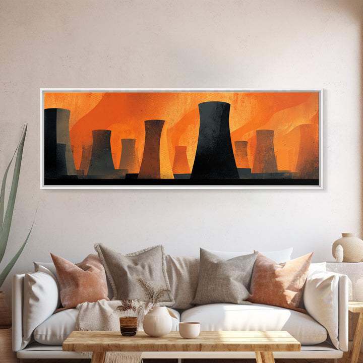 Black Cooling Tower Silhouettes In Orange Heat Canvas Print, Midcentury Modern Industrial Wall Art, Bold Atomic Decor Poster