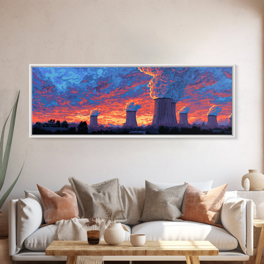 Purple Cooling Towers Under Fiery Sunset Framed Canvas Print, Retro Industrial Wall Art, Colorful Modern Landscape Decor