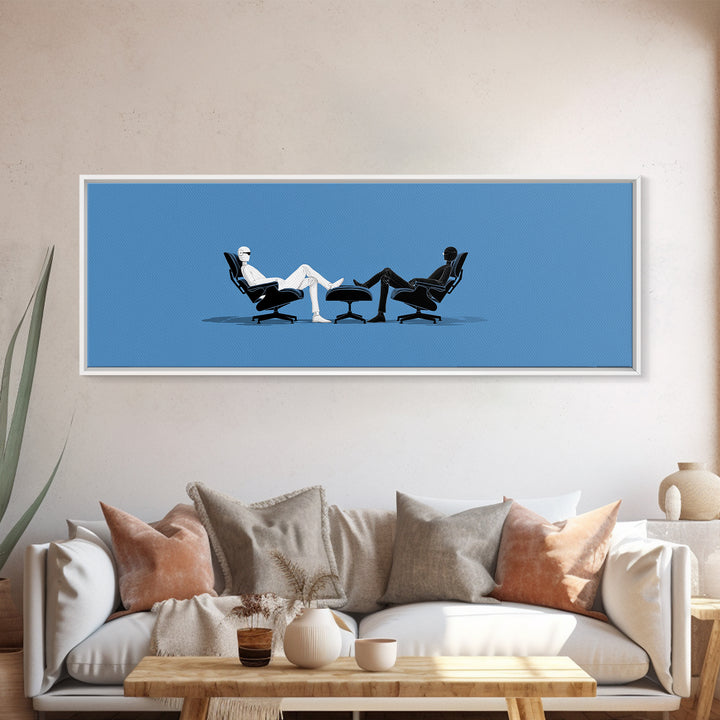 Two Minimal Figures In Lounge Chairs Wall Art, Midcentury Modern Therapy Office Decor, Blue Retro Abstract Art Print Poster