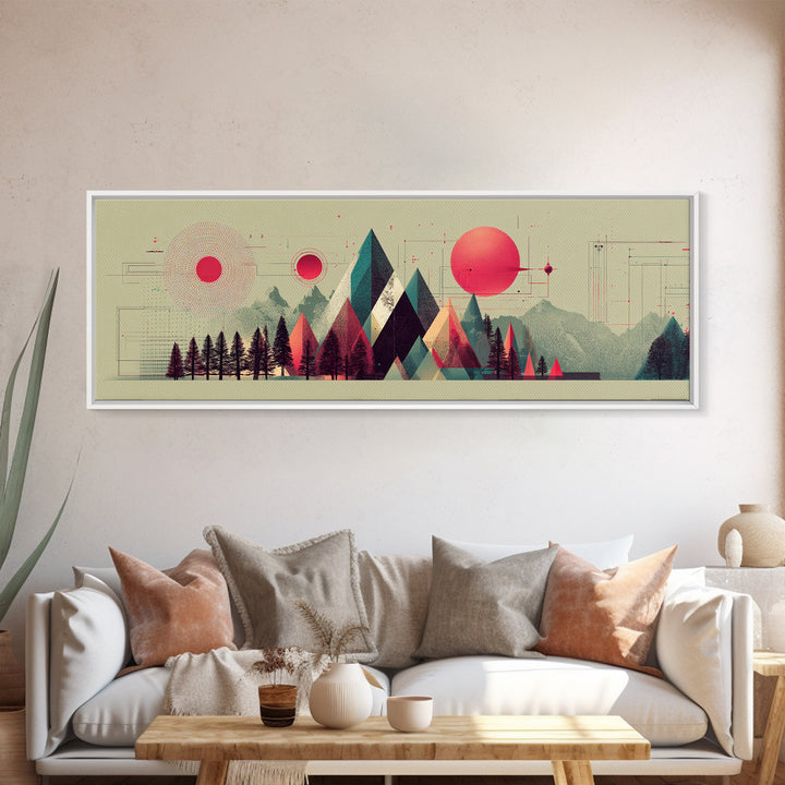 Pink Sun Geometric Mountains Wall Art, Midcentury Modern Art Print, Abstract Landscape Poster, Colorful Office Decor Gift