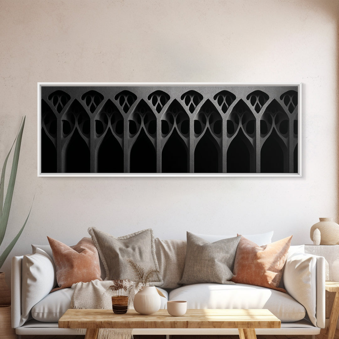 Black Gothic Arch Pattern Canvas Print, Architectural Art, Art Deco Wall Decor, Modern Wall Art, Masculine Home Office Decor