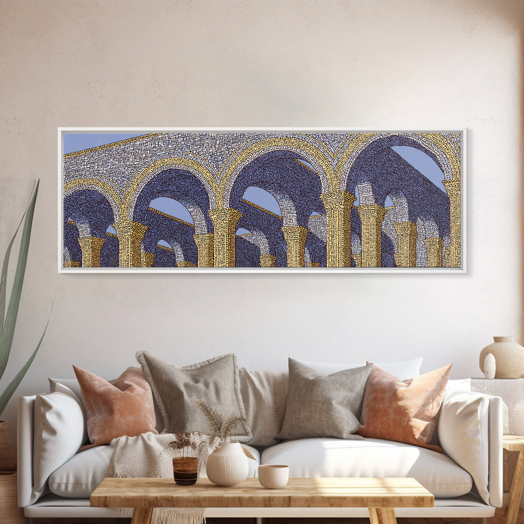 Golden Blue Moorish Arches Framed Canvas Print, Architectural Wall Art, Mediterranean Decor, Elegant Colonnade Poster Gift