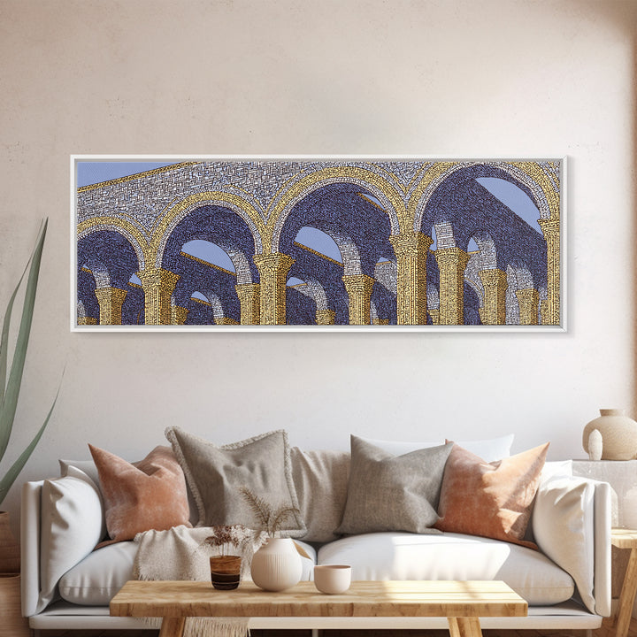 Golden Blue Moorish Arches Framed Canvas Print, Architectural Wall Art, Mediterranean Decor, Elegant Colonnade Poster Gift