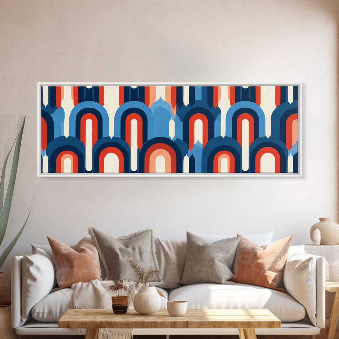 Retro Red Blue Arch Pattern Wall Art, Midcentury Modern Geometric Poster, Bauhaus Style Decor, Colorful MCM Print Gift Idea