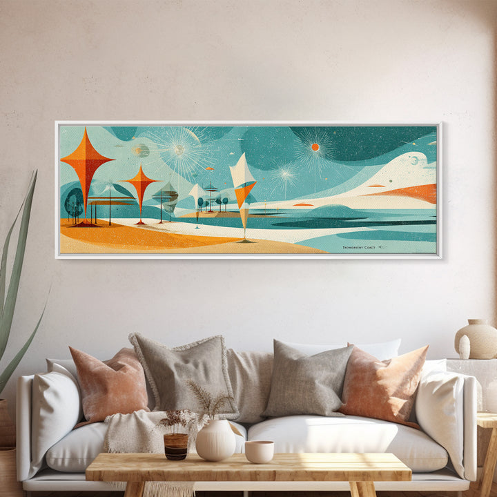 Retro Abstract Beach Waves Canvas Print, Atomic Coastal Wall Art, Midcentury Modern Decor, Orange Teal Poster For Beach House