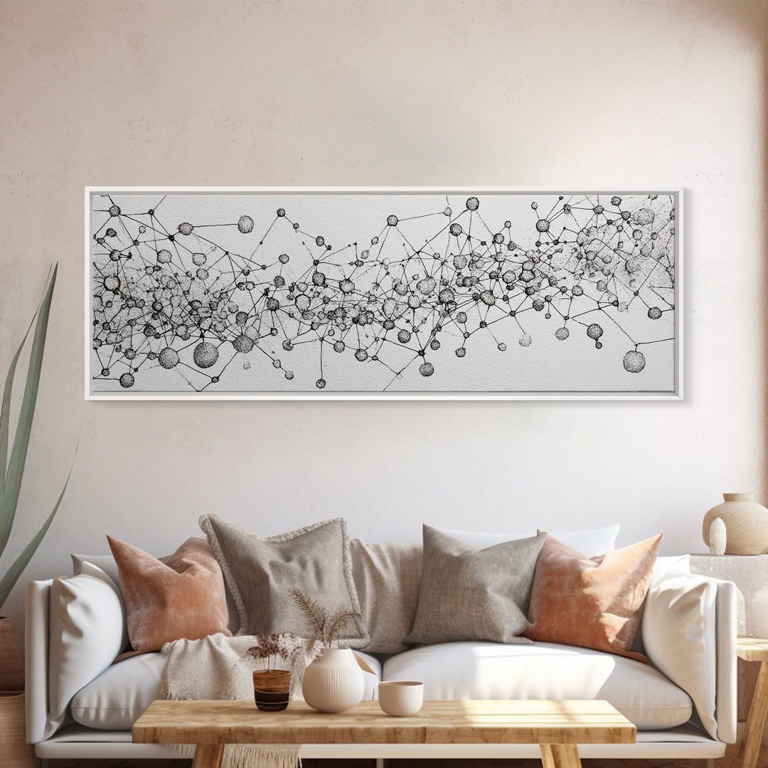 Black White Molecular Network Wall Art, Scientific Abstract Line Poster, Modern Minimalist Office Decor, Canvas Print Gift