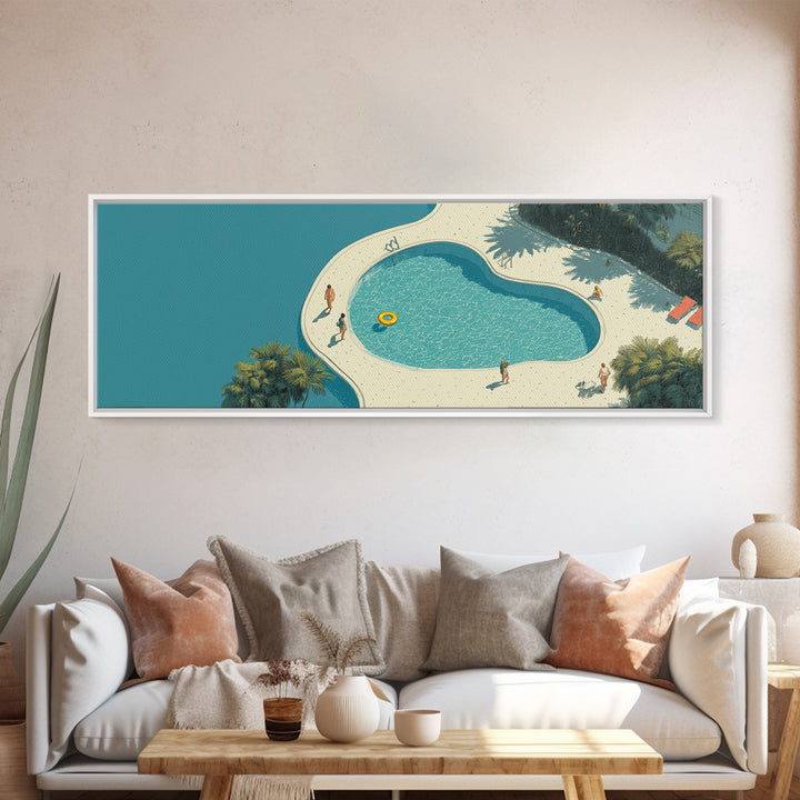 Aerial Turquoise Pool Beside Blue Water Canvas Print, Minimalist Wall Art, Midcentury Modern Decor, Coastal Resort Poster