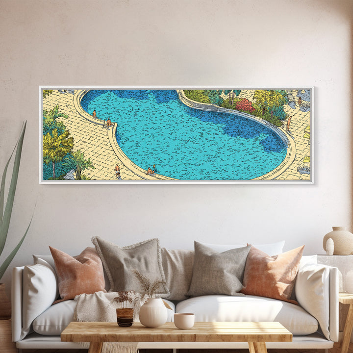 Bright Blue Resort Pool With Stone Terrace Wall Art, Midcentury Modern Print, Tropical Garden Decor, Large Canvas Poster