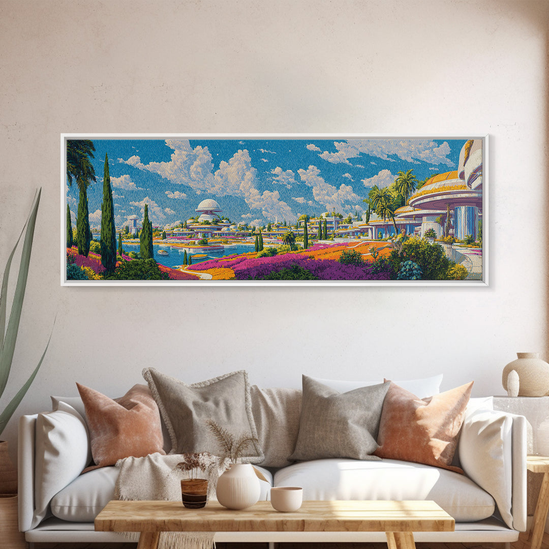 Utopian Waterfront Futurist City Wall Art, Mid Century Modern Travel Poster, Retro Modern Home Decor, Panoramic Canvas Print