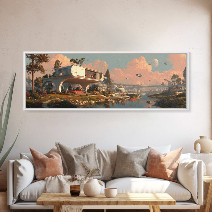 Retro Future Stilt House At Moonlit Marsh Wall Art, Mid Century Modern Architecture Poster, MCM Decor, Panoramic Canvas Print