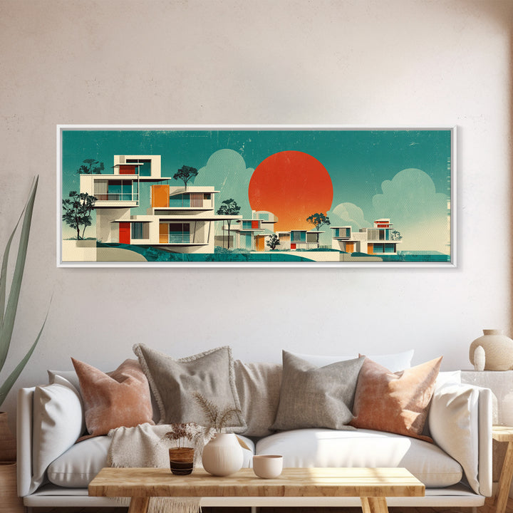 Modernist White Villas With Orange Sun Wall Art, Mid Century Modern Architecture, Palm Springs Decor, Teal Panoramic Print