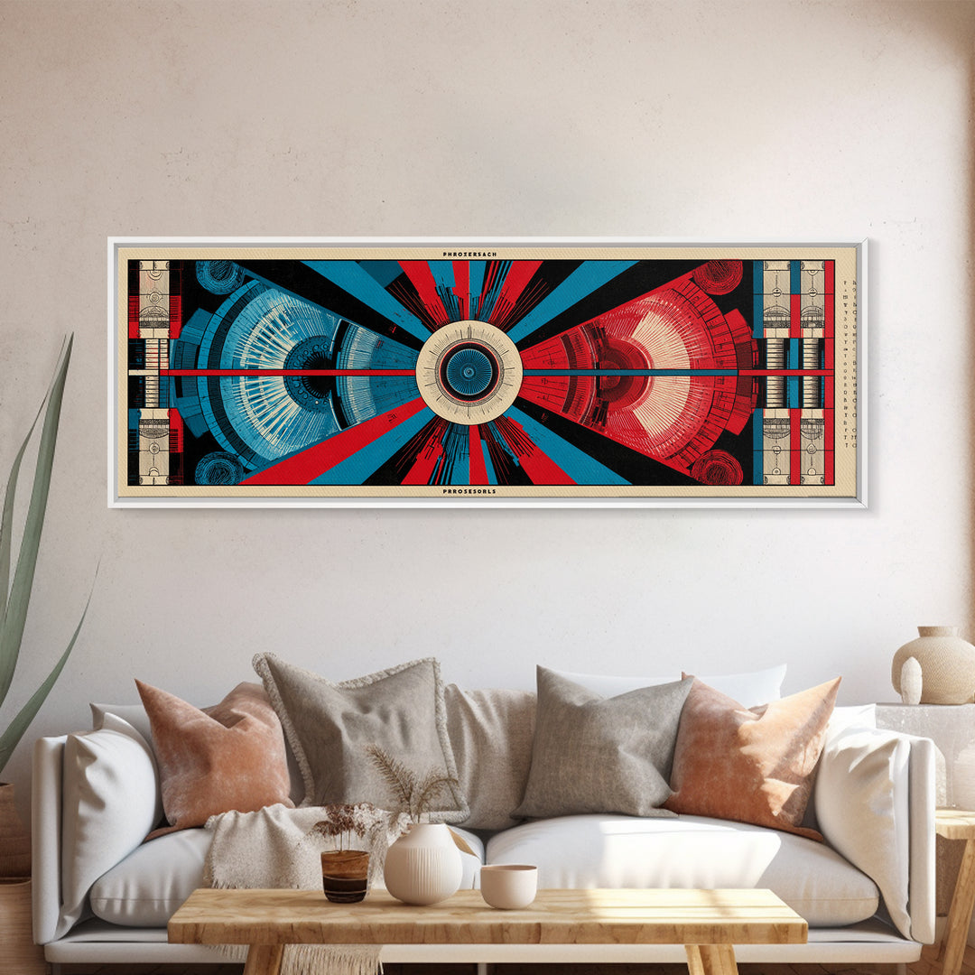 Red And Blue Technical Mandala Wall Art, Mid Century Abstract Geometric Poster, Atomic Modern Decor, Panoramic Canvas Print