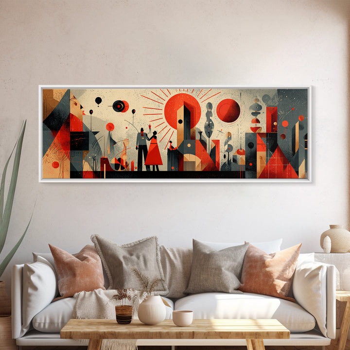 Geometric Red Sun City With Figures Wall Art, Mid Century Modern Abstract Poster, Bauhaus MCM Decor, Panoramic Canvas Print