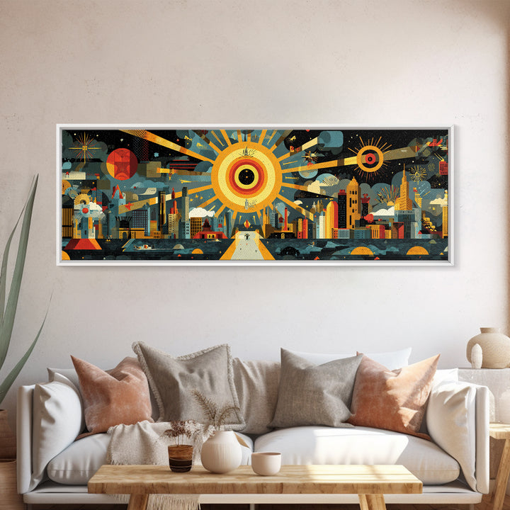 Atomic City Skyline Under Giant Sun Wall Art, Mid Century Modern Urban Poster, Retro Modern Home Decor, Panoramic Canvas Print