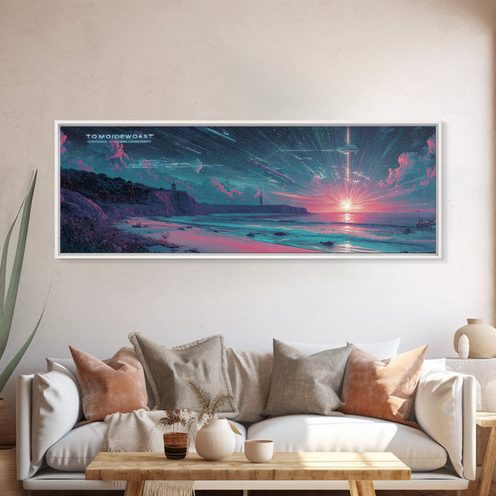 Futuristic Neon Beach Sunset With Star Trails, Sci Fi Coastal Wall Art, Retro Modern Poster, Space Abstract Art Print Decor