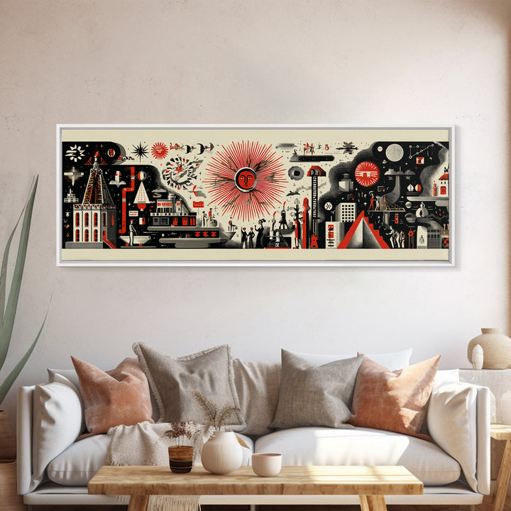 Surreal Red Sun Town Collage Wall Art, Mid Century Modern Folk Abstract Poster, Black Cream Retro Decor, Panoramic Canvas Print