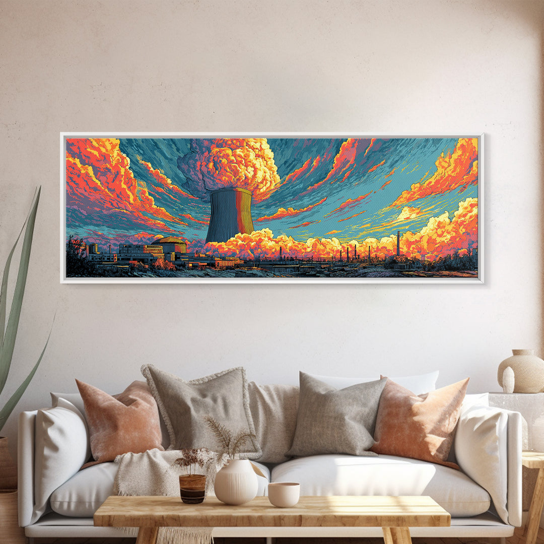 Nuclear Skyline With Orange Cloud Wall Art, Atomic Retro Poster, Midcentury Modern Art, Sci Fi Industrial Wall Decor, Home Office Decor