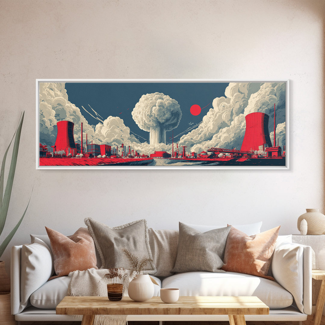 Red Nuclear Factory Mushroom Cloud Canvas Print, Atomic Art Print, Midcentury Modern Wall Decor, Retro Sci Fi Poster, Office Wall Art