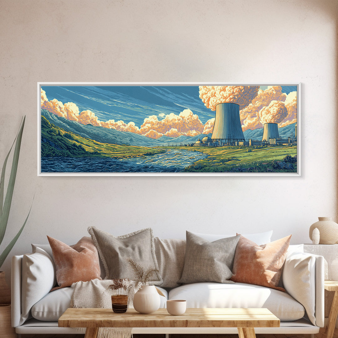 River Valley Nuclear Towers Framed Canvas Print, Scenic Retro Wall Art, Midcentury Modern Decor, Landscape Poster, Home Office Art