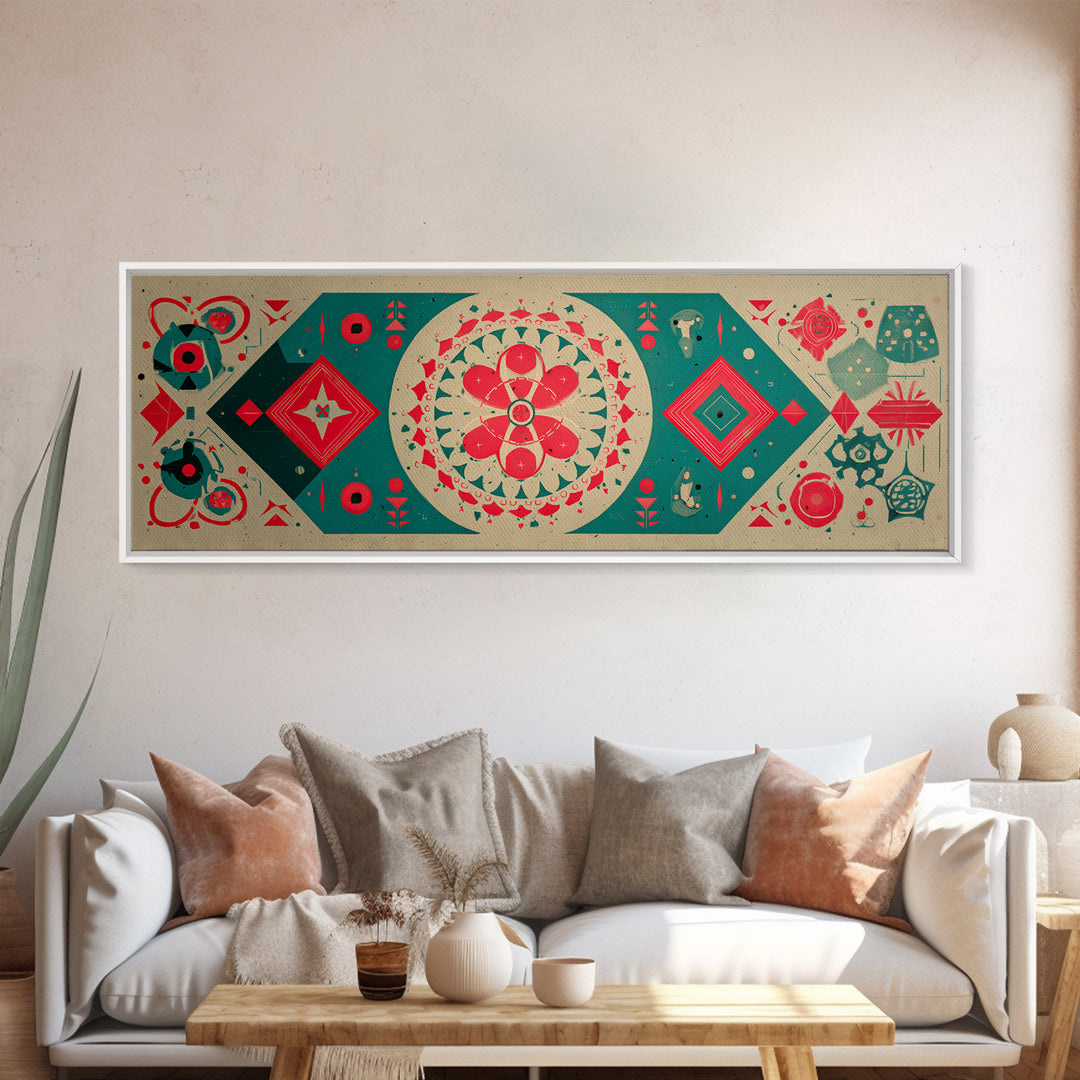 Red Green Mandala Flowers And Diamonds Canvas Print, Geometric Wall Art, Midcentury Modern Decor, Retro Pattern Poster, Home Decor