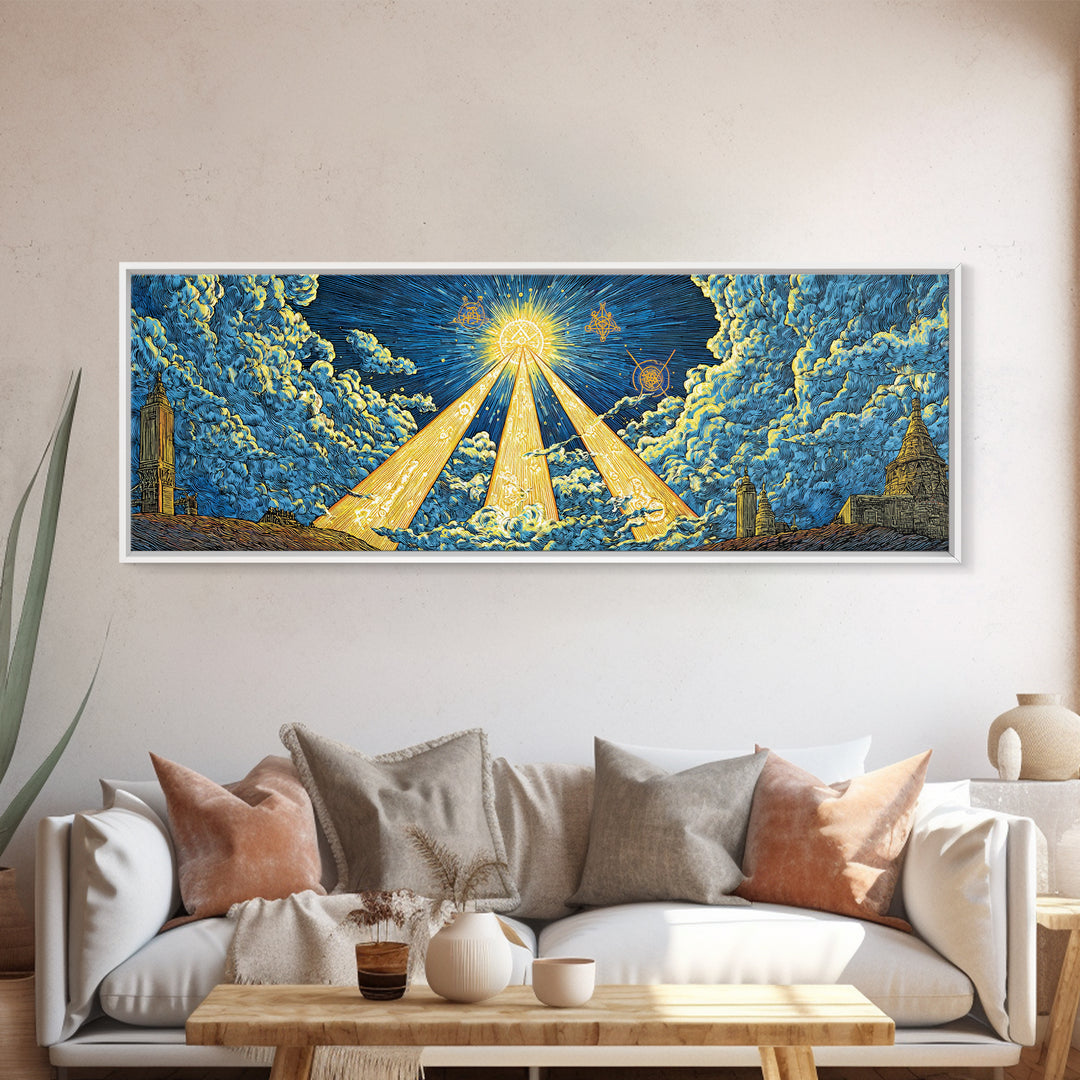 Golden Light Beams Through Clouds Framed Canvas Print, Spiritual Wall Art, Midcentury Modern Poster, Celestial Decor, Sci Fi Wall Decor