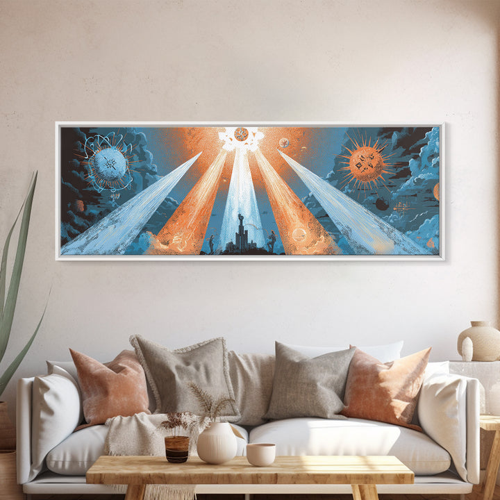 Planetary Spotlights Over Futuristic City Canvas Print, Space Abstract Art, Modern Wall Decor, Retro Sci Fi Poster, Home Office Art