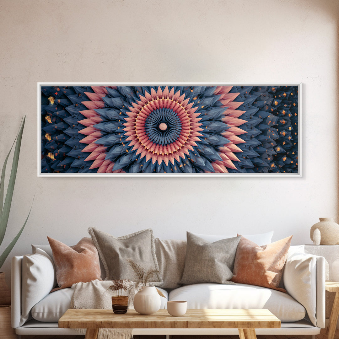 Layered Pink And Navy Geometric Mandala Wall Art, Midcentury Modern Abstract Canvas, Retro MCM Decor, Large Print, Home Decor