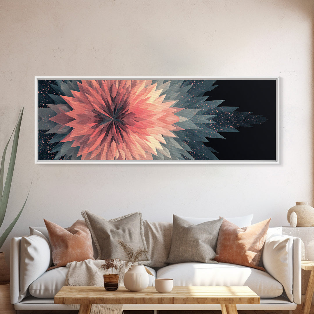 Blush Coral Geometric Flower Canvas Print, Midcentury Modern Wall Art, Abstract Starburst Decor, Large Horizontal Print Gift