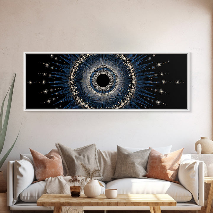 Blue Celestial Eclipse Wall Art, Art Deco Sunburst Mandala, Modern Abstract Print, Gothic Cosmic Framed Canvas Print Decor