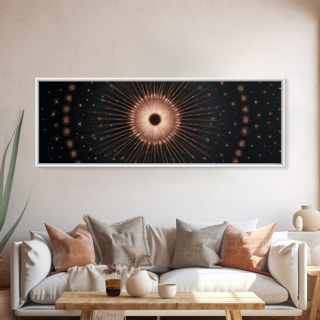 Copper Gold Eclipse Sunburst Wall Art, Modern Art Deco Canvas Print, Cosmic Celestial Decor, Black Gold Statement Print Gift