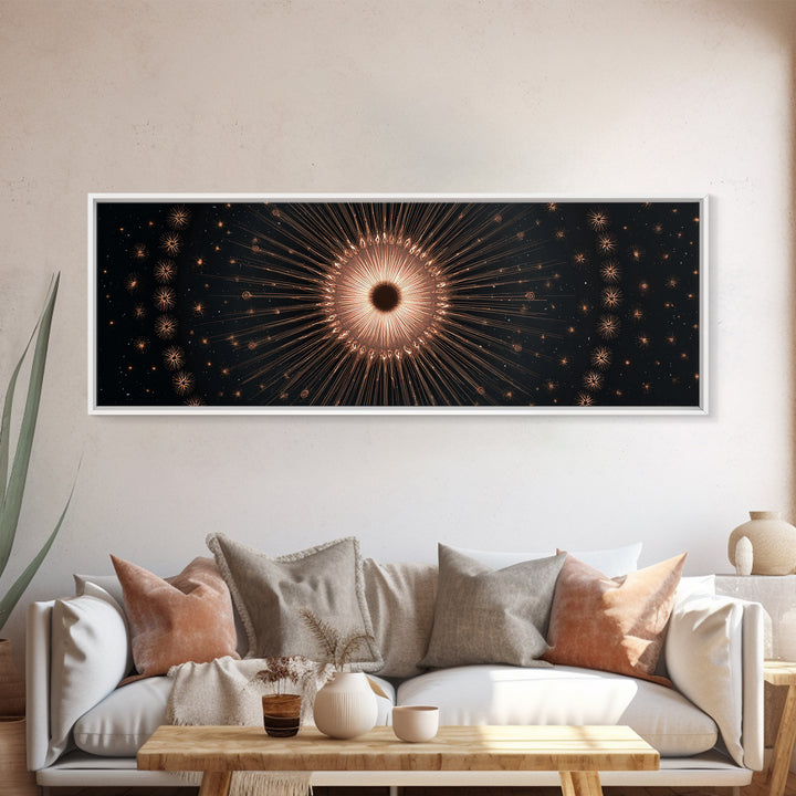 Copper Gold Eclipse Sunburst Wall Art, Modern Art Deco Canvas Print, Cosmic Celestial Decor, Black Gold Statement Print Gift