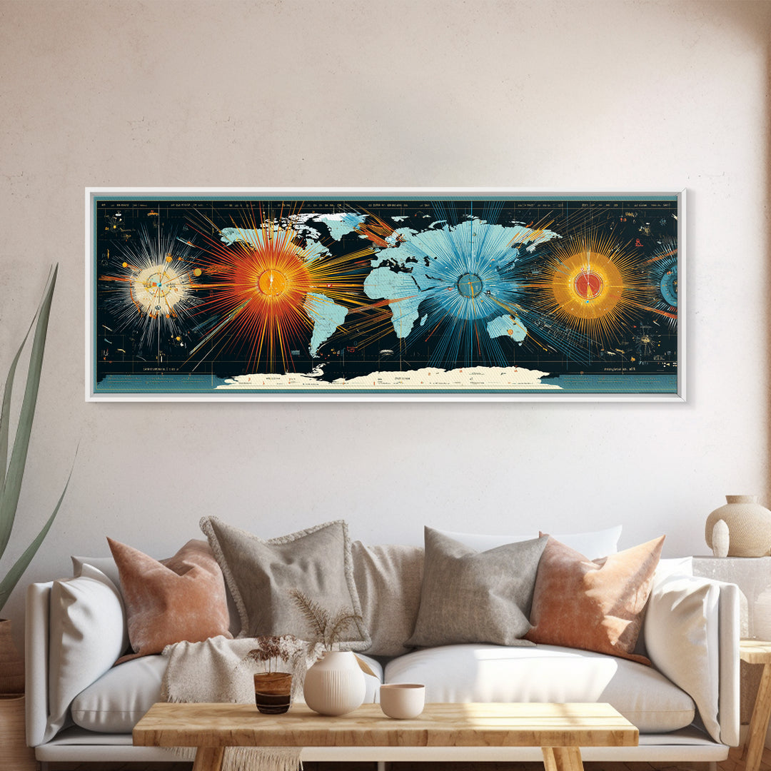 World Map Sunburst Network With Celestial Nodes, Canvas Print, Modern Wall Art, Geographic Abstract Poster For Office Decor