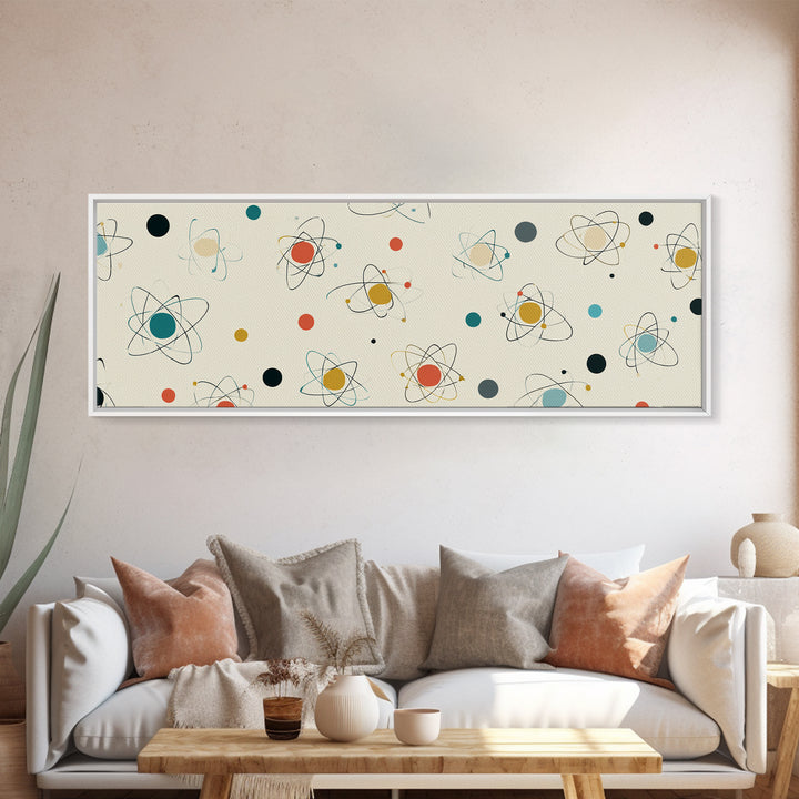 Retro Atom Pattern Canvas Print, Mid Century Modern Wall Decor, Atomic Science Art, Minimal Geometric Poster, MCM Home Decor