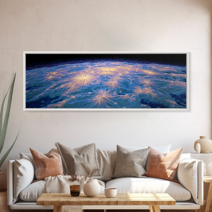 Earth From Orbit With Electric Light Bursts, Framed Canvas Print, Space Abstract Art, Modern Wall Decor For Home Office Decor