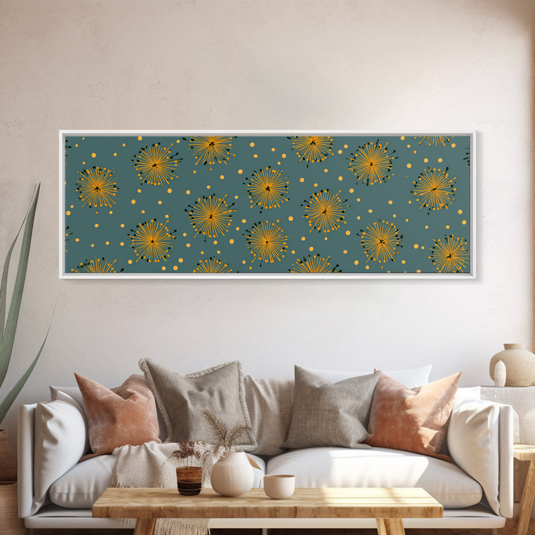 Yellow Starburst Floral Wall Art, Mid Century Modern Print, Retro Atomic Pattern Poster, Teal Kitchen Decor, MCM Art Print