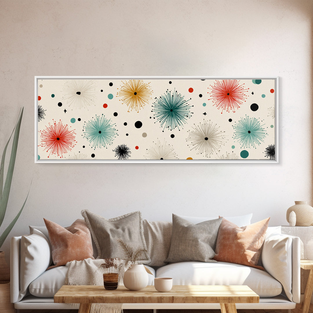 Multicolor Atomic Starburst Wall Art, Mid Century Modern Print, Retro Confetti Pattern Poster, Cream Background MCM Decor