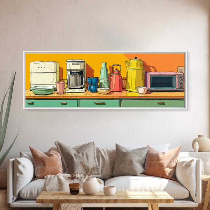Orange Countertop Coffee Appliances Wall Art, Mid Century Modern Kitchen Print, Retro Toaster Kettle Decor, MCM Poster Print