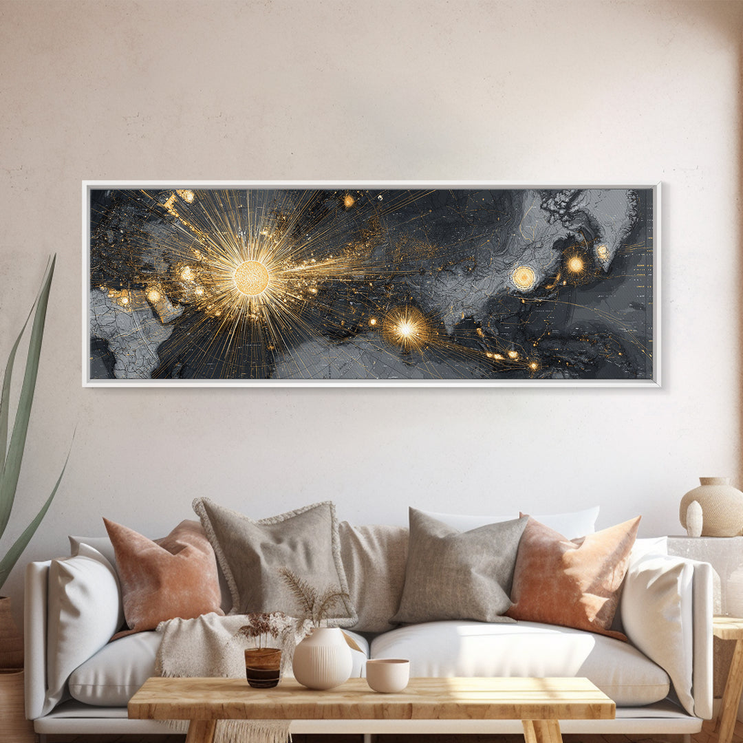 Gold And Charcoal World Map With Radiant Network Lights, Wall Art, Modern Abstract Art Print, Office Decor Statement Poster