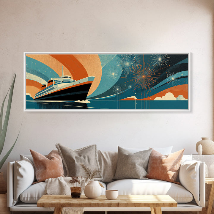 Retro Ocean Liner With Fireworks Wall Art, Mid Century Modern Travel Poster, Cruise Ship Decor, Framed Canvas Print Gift