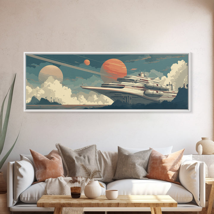 Futuristic Space Cruise Ship Canvas Print, Retro Sci Fi Wall Art, Planet Travel Poster, Modern Home Decor For Office Room